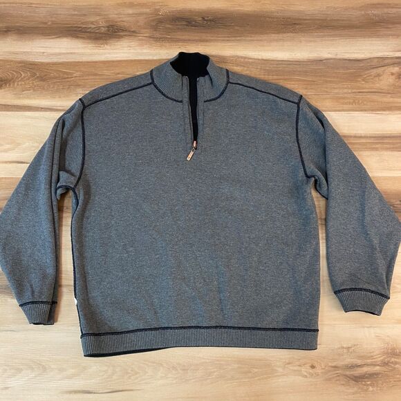 Tommy Bahama Sweater Mens Large 1/4 Zip Reversible Flip Side Black Gray - Picture 8 of 9